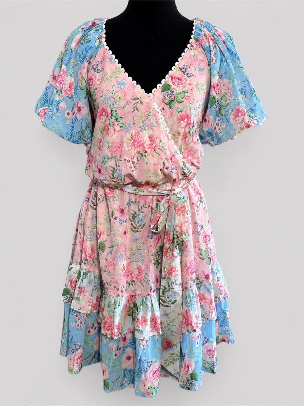 Lovecolette Floral Dress Sz L Pink Blue Cottagecore Puff Sleeve Coquette Mini - Picture 2 of 10